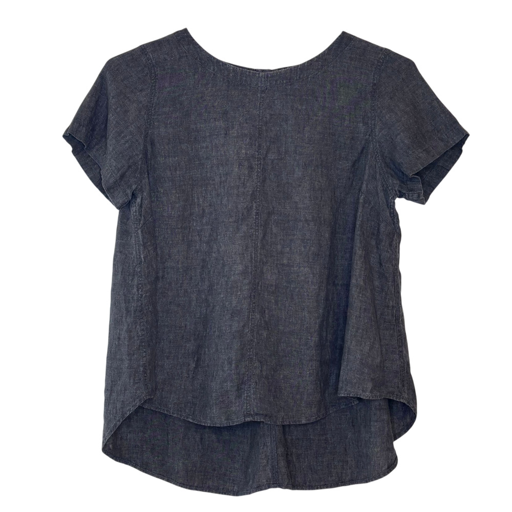 Eileen Fisher Top Woman 2X Charcoal 100% Linen Short Sleeve High Low Hem Button